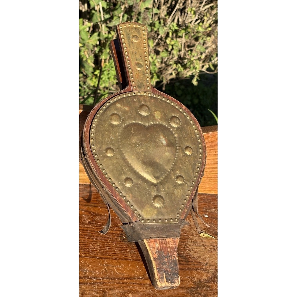 Vtg Fireplace Bellows 17" Handcrafted Copper Heart Wood with Leather Trim Works